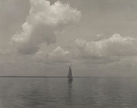 single sailboat at center of image on calm water; large clouds in sky. Original from the Minneapolis Institute of Art.