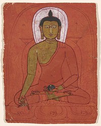 drawing of a male figure seated on a lotus throne, with gold skin and red palms and soles of feet, holding a black object in his PL hand; red ground; 16 lines of text, in red, on back. Original from the Minneapolis Institute of Art.