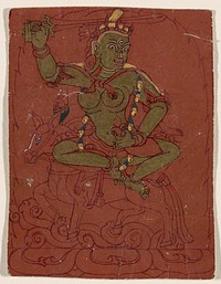 drawing of a female figure with a third eye and gold skin, seated cross-legged on a horse, brandishing a sword; red ground on front; 9 lines of text, in red, on back. Original from the Minneapolis Institute of Art.