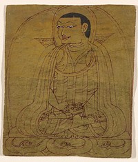 drawing of a male figure seated on a lotus throne, looking toward his PR side; gold ground; 12 lines of text, in red, on back. Original from the Minneapolis Institute of Art.