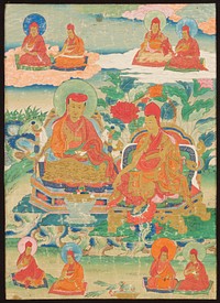 2 large lamas at center one holding a white dish, with a green disk behind his head, the other wearing a pointed red cap with a transparent orange disk; 4 smaller lamas above and below; pair of green birds drinking out of a golden bowl at bottom center; areas of text on back. Original from the Minneapolis Institute of Art.