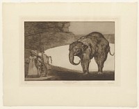 an elephant on the viewer's right looks toward a small group of four figures on the left; the four figures are in long robes and hold up papers to the elephant; a white semi-circle behind the elephant gives the impression of a body of water and a back mass in the back L gives the impression of a cliff or wall. Original from the Minneapolis Institute of Art.