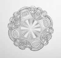 molded glass plate with starburst at center; scalloped edge; four circles alternating with four diamonds on side; overall small dots. Original from the Minneapolis Institute of Art.