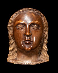 brown patina; relief head of a woman with feathery hair and pierced ears; unfinished on back; masking tape with "5" on back. Original from the Minneapolis Institute of Art.