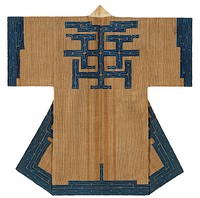 Brown robe woven with vertical white stripes; navy blue applique trim on sleeve cuffs, bottom hem, yoke, and back center, all with curving embroidery patterns; white collar. Original from the Minneapolis Institute of Art.