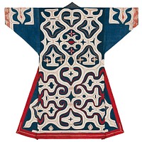 Blue robe with abstract motif in white applique on entire back, shoulders, and sleeve cuffs; contrasting, decorative stitching on the applique; red decorative stitching on back; orange fabric inlay on sleeves. Original from the Minneapolis Institute of Art.