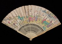 folding fan with ivory monture; paper leaf with painted motif of red flowers and blue rock on one side, figures at two tables dining outdoors on opposite side; guards carved with foliage and birds at top and pavilions with figures and foliage at bottom. Original from the Minneapolis Institute of Art.