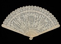 folding fan of ivory with cream colored ribbon at top of ribs; lacy openwork design; three cartouches with carved ladies in Classical architecture; guards carved with standing ladies and foliage. Original from the Minneapolis Institute of Art.