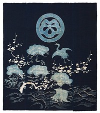 Four vertical, navy blue panels with light blue and white imagery including white branches with petals, light blue bushes and bamboo leaves, a turtle, and a light blue crane; light blue circle at TC with five petal flower inside. Original from the Minneapolis Institute of Art.