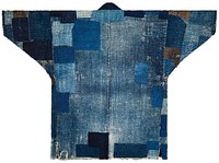 Thick, cotton patchwork coat with various shades of blue and brown patches; dark blue band of fabric at opening. Original from the Minneapolis Institute of Art.