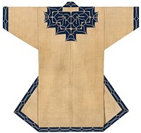 Tan robe covered with navy blue applique trim on sleeve cuffs, collar and yoke, center back, and along center edged and bottom trim; off white embroidery over navy applique creates curving lines and points. Original from the Minneapolis Institute of Art.