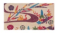 rectangular fragment of white fabric with river scene and floral designs; pink river curves through L and C with two ducks at C; multicolored bamboo leaves and flowers line the river bank and are scattered throughout. Original from the Minneapolis Institute of Art.