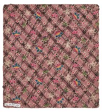 Rectangular fragment of pink fabric with black diamond lattice patter in background, with diagonal, white leaf pattern over top and multicolored leave and blossoms throughout (green and purple leaves; blue, yellow, and red leaves; pink, purple, and red blossoms). Original from the Minneapolis Institute of Art.