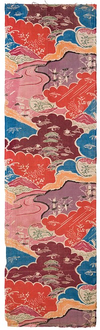 Rectangular fragment of multicolor fabric with landscape and floral designs; background consists of blue, red, maroon, purple, and orange clouds; pattern consists of discrete trees, bamboo leaves, flowers, and boats on water. Original from the Minneapolis Institute of Art.