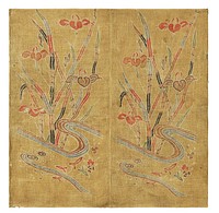 Yellow-ground wrapping cloth (uchikui) with pattern of irises in a flowing stream. Original from the Minneapolis Institute of Art.