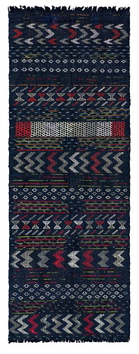 Rectangular, navy blue scarf with fringed ends; woven with white, green, gray, and red geometric patterns (arrows, crosses, diamonds, and horizontal lines). Original from the Minneapolis Institute of Art.