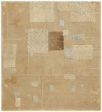 Blue and beige patterned fabric squares of various sizes sewn onto a pieced together, tan fabric background; two light beige patches sewn on L side, and one brown patch at C; white stitching on patch edges and as accent. Original from the Minneapolis Institute of Art.