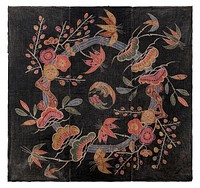 Three vertical panels sewn together with circular floral design; black background with pink, orange, red, green, blue, and yellow flowers, leaves, and gray branches over a blue ring with a brown and black bird and pink flower making a smaller ring at the center. Original from the Minneapolis Institute of Art.