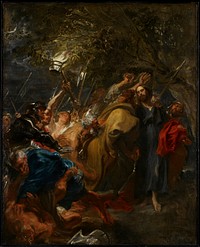 Kiss of Judas: accompanied by soldiers with torches and lanterns, he kisses Christ. The scene is described in the Bible: Matthew 26:51, Mark 14:47, Luke 22:47, John 18:3-10 (Then Simon Peter, having a sword, drew it and struck the high priest's slave (Malchus) and cut off his right ear." John 18:10). Original from the Minneapolis Institute of Art.