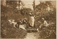 5 women (3 seated, one reclining, one standing) on a dirt path, with baskets and jugs before them; from a portfolio with essay on the photographer. Original from the Minneapolis Institute of Art.