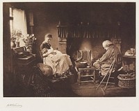 seated woman at L holding a baby on her lap; old man with head bent at R; fireplace at center; from a portfolio with essays on the photographer. Original from the Minneapolis Institute of Art.