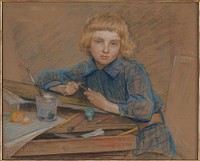 boy with blonde bobbed hair wearing a blue shirt, seated at a worktable with brushes, glass, and fruit. Original from the Minneapolis Institute of Art.