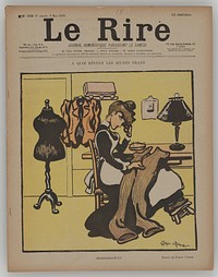 magazine with cover printed in color; cover cartoon of woman in black dress and white apron hand-sewing man's pants. Original from the Minneapolis Institute of Art.