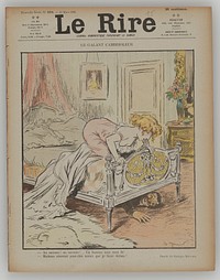 magazine with cover printed in color; cover cartoon of woman wearing pink in a bed looking over the footboard; man hiding under bed. Original from the Minneapolis Institute of Art.