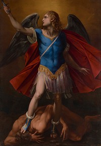 standing winged male figure with long curly blonde hair, looking up toward ULC; sword in upraised PR hand--blade out of picture plane; blue breastplate; red cape; blue sandals with white cloth, gilt straps and red gems; figure stands on writhing, muscular nude male figure with brown hair and long fingers and fingernails. Original from the Minneapolis Institute of Art.