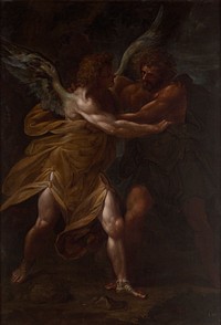 angel with blonde curly hair at left, wearing flowing yellow garment and gold and blue sandals, wrestling with man with brown hair and beard at right, wearing brown robes; plain gilt frame with "POMARANCIO" on plate at bottom center. Original from the Minneapolis Institute of Art.
