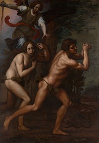 angel with brown hair in ULQ, wearing olive green garment over a white undergarment with flowing red sash, holding a sword with a curving red blade in PR hand and reaching down with PL hand; slightly crouching man and woman in foreground wearing loincloths made of leaves; snake, LRC; some white quadrupeds in distance, LRQ; gilt frame with inner leaf pattern; "11" on plate at LRC. Original from the Minneapolis Institute of Art.