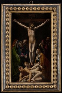 vertical composition with Christ on cross wearing a tan loincloth and crown of thorns with six weeping women in jewel-tone robes; skeleton, male nude wearing a crown of snakes, male nude with hands behind his back, and calm-faced woman with blonde hair at foot of cross; received framed in elaborate frame with chased gold balls and faux tortoiseshell. Original from the Minneapolis Institute of Art.