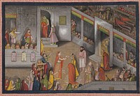 woman at center in orange and green, holding a triangular shaped object (lamp?) in front of a figure in yellow and a figure draped in orange and gold, with three more pairs of figures in similar dress standing behind them; bearded man in pink and white behind central pair of figures; standing woman in LLQ wearing various jewel-toned garments; women and girls observing at left inside a room; man figures and musicians on various levels of the building at right, with elephants and large flags on middle tier in URQ. Original from the Minneapolis Institute of Art.