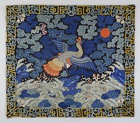 Mandarin Square, embroidered silk made into a portfolio; light blue, dark blue, grey, red and orange silk threads on dark blue background; scene is of crested bird with wings outstretched. Original from the Minneapolis Institute of Art.