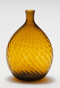 Chestnut flask, 24 ribs broken swirl, pint, brilliant golden amber; attributed to Zanesville; bottle and dishes from Ohio Manufacturers, 159 items in all, from the Walter Douglas Collection in Centerville, Ohio. Original from the Minneapolis Institute of Art.