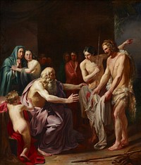 Book of Genesis, 37:31-33. "Then they took Joseph's robe, and killed a goat, and dipped the robe in the blood; and they sent the long robe with sleeves and brought it to their father and said, 'This we have found; see now whether it is your son's robe or not.' And he recognized it, and said, 'It is my son's robe; a wild beast has devoured him; Joseph is without doubt torn to pieces.'". Original from the Minneapolis Institute of Art.