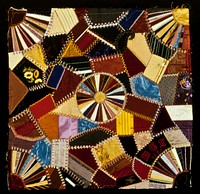 five Sections of a patchwork quilt; five stitched, backed, but unassembled pieces for a quilt incorporating velvet, silk, satin with silk embroidery. Original from the Minneapolis Institute of Art.