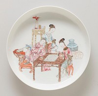 pair of Famille Rose dishes, painted with two ladies and a gentleman playing 'Go', porcelain, each. Original from the Minneapolis Institute of Art.
