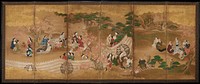 Six-panel half-height screen (chu-byobu) depicting a group of elegantly dressed women enjoying a maple leaf viewing party. Gold clouds in gold leaf cover the upper 1/5 of the top of the composition, while the lower portion is dominated by a white curtain that creates the space of the party. In the right two panels, a group of male figures, one on horseback, has arrived and seems to be communicating with some of the female figures who emerge from behind the curtain. Original from the Minneapolis Institute of Art.