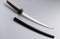 long sword with scabbard: a. scabbard-lacquered wood b. handle-wood, sharkskin and silk cord c. shortened blade with 2 peg holes and iron tsuba d. Hilt (Tsuka) e. pommel (fuchi) f. spacer (seppa) g. spacer (seppa). Original from the Minneapolis Institute of Art.
