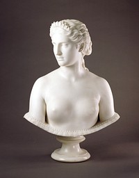 full bust, undraped, head turned half-left with gaze in same direction, slightly downward. The figure terminates just below the breasts by means of a shallow, saucer-like border with reeded edge and is attached to a circular socle. The hair is dressed with a small sunflower, symbolizing the allegory.. Original from the Minneapolis Institute of Art.