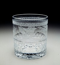 Friendship tumbler, cut, etched and engraved geometric border with image of page with heart motif surmounted by kissing doves; plant motifs to either side and an arabesque on opposite side for engraving. No inscription.. Original from the Minneapolis Institute of Art.