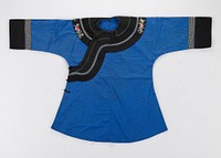 blue and black cotton, woven and embroidered decorative bands at sleeves, neck and front. Original from the Minneapolis Institute of Art.