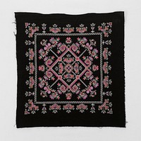 white, pink, red, green and yellow discontinuous supplementary weft patterning on black field; thin central cross intersected by a decorative multi-band square, larger white square around border with floral designs along all sides. Original from the Minneapolis Institute of Art.