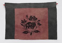 cat and foliage embroidered in black on dark pink ground; top and sides of apron bordered with grey fabric; there is a small red loop in each top corner. Original from the Minneapolis Institute of Art.