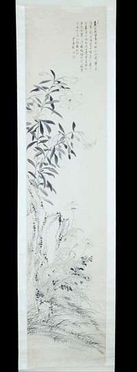 one of a set of 12 hanging scrolls; the first and twelfth scrolls have three lines and partial images of plants; ten scrolls have images of various plant life and birds. Original from the Minneapolis Institute of Art.