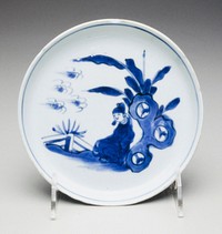 one of five blue and white plates; Tianqi/Congzhen; landscapes, two with two scholars seated below a tree; three with single sage on terrace. Original from the Minneapolis Institute of Art.