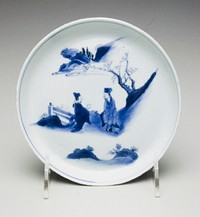 one of five blue and white plates; Tianqi/Congzhen; landscapes, two with two scholars seated below a tree; three with single sage on terrace. Original from the Minneapolis Institute of Art.
