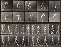 Throwing disk, ascending step, walking. From a portfolio of 83 collotypes, 1887, by Edweard Muybridge; part of 781 plates published under the auspices of the University of Pennsylvania. Original from the Minneapolis Institute of Art.