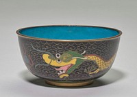 Cloisonne bowl; gold rim and base, blue interior; exterior, black ground with gold small cloud patterning in background, two green and yellow dragons in foreground. Original from the Minneapolis Institute of Art.